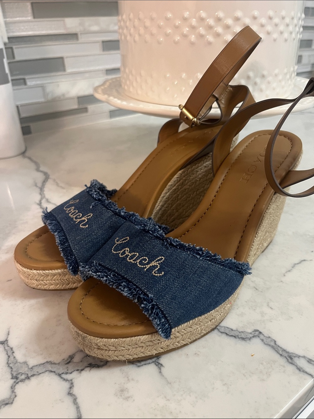 Coach Denim Wedge Sandals - Blue & Brown - Picture 2 of 9